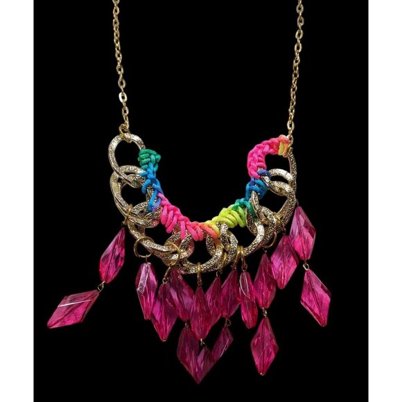 Neon Rainbow Glam Gem Fringe Statement Necklace - Picture 3 of 7